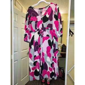 Crisscross Front Bold Print Empire Puffy Sleeves Belted Dress Plus 22